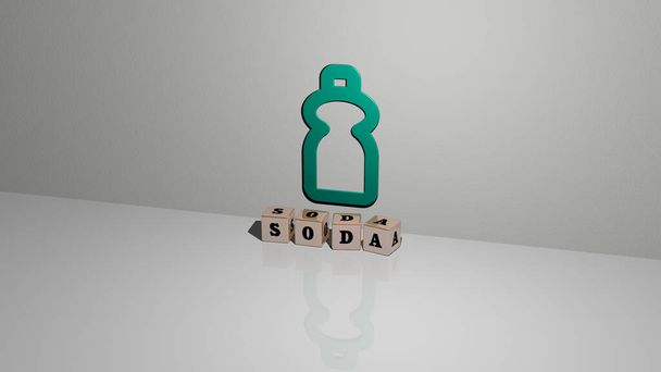 Representação 3D de SODA com ícone na parede e texto dispostos por letras cúbicas metálicas em um piso espelho para significado conceito e apresentação slideshow. bebida e fundo
 - Foto, Imagem