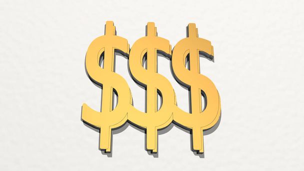 dollar sign for money made by 3D illustration of a shiny metallic sculpture on a wall with light background. business and cash - Photo, Image