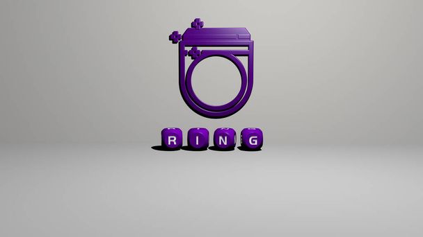 3D grafische afbeelding van RING verticaal samen met tekst gebouwd door metalen kubieke letters vanuit het bovenste perspectief, uitstekend voor de concept presentatie en diavoorstellingen. achtergrond en illustratie - Foto, afbeelding
