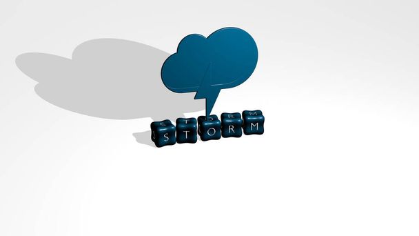 3D-grafisches Bild von STORM vertikal zusammen mit Text aus metallischen kubischen Buchstaben aus der Perspektive von oben, hervorragend für die Konzeptpräsentation und Diashows. Hintergrund und Wolken - Foto, Bild