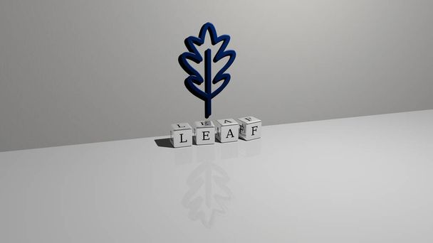 3D representation of leaf with icon on the wall and text arranged by metallic cubic letters on a mirror floor for concept meaning and slideshow presentation. background and green - Photo, Image