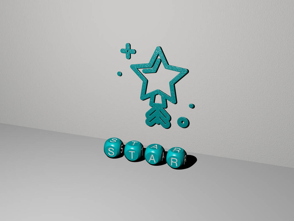 Representação 3D de STAR com ícone na parede e texto dispostos por letras cúbicas metálicas em um piso espelho para significado conceito e apresentação slideshow. ilustração e fundo
 - Foto, Imagem