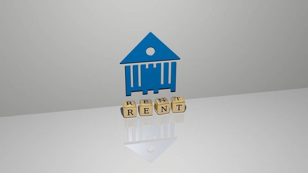 3D-grafisches Bild der Miete vertikal zusammen mit Text aus metallischen kubischen Buchstaben aus der Perspektive von oben, hervorragend für die Konzeptpräsentation und Diashows. Illustration und Haus - Foto, Bild