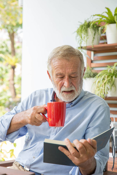 Nyugdíjas férfi boldog olvasmány könyv otthon - Fotó, kép