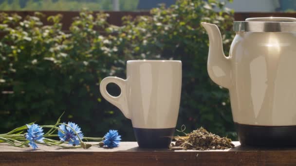 Чашка и чайник на столе в саду - Кадры, видео