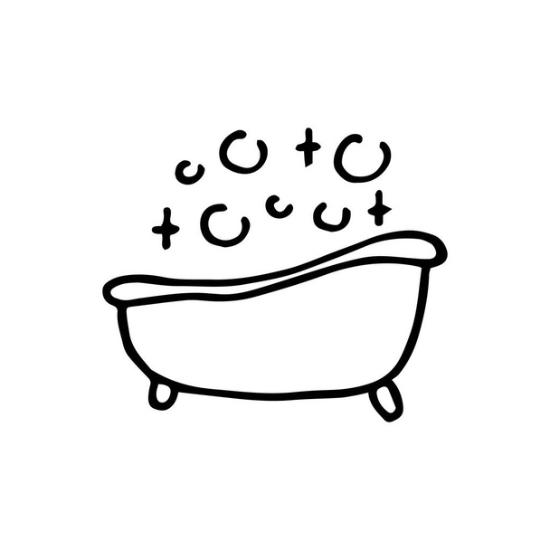 dibujo vectorial en el estilo de garabato, dibujos animados. lindo dibujo de un baño lleno de burbujas y jabón suds. aislado sobre fondo blanco. clip arte baño espuma etiqueta
. - Vector, Imagen