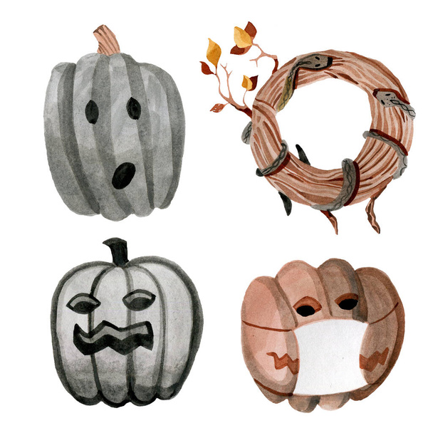zucche acquerello Halloween con maschere protettive - Foto, immagini