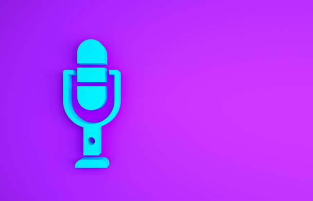 Icono de micrófono azul aislado sobre fondo púrpura. En el micrófono de radio de aire. Firma del portavoz. Concepto minimalista. 3D ilustración 3D render - Foto, imagen