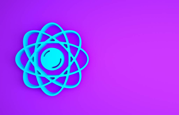 Mavi Atom simgesi mor arkaplanda izole edildi. Bilimin, eğitimin, nükleer fiziğin, bilimsel araştırmaların sembolü. Minimalizm kavramı. 3d illüstrasyon 3B canlandırma - Fotoğraf, Görsel