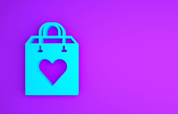 Голубая сумка для покупок со значком сердца на фиолетовом фоне. Магазин сумок любит как икону сердца. Символ Дня Святого Валентина. Концепция минимализма. 3D-рендеринг - Фото, изображение