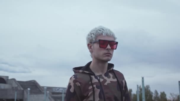 Stylish teenage young guy with colored hair and piercing. Outdoor portrait of teenager. Subculture and youth fashion concepts. - Séquence, vidéo