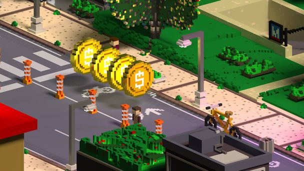 Městské město hra mince izometrický pohled cyklostezka 3d vykreslení ilustrace - Fotografie, Obrázek
