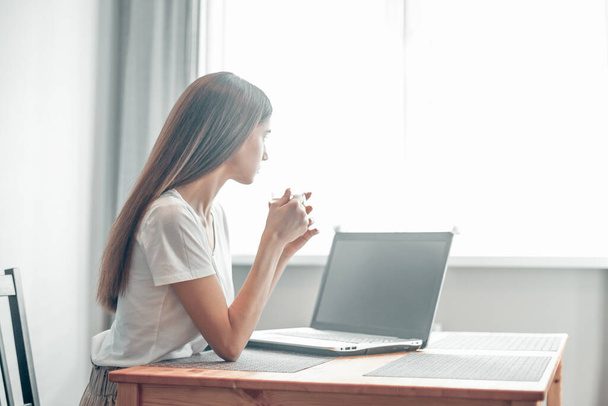 Egy lány számítógép laptopon dolgozik a fényszobában. Nő chat a szociális hálón keresztül net-book modern belső - Fotó, kép