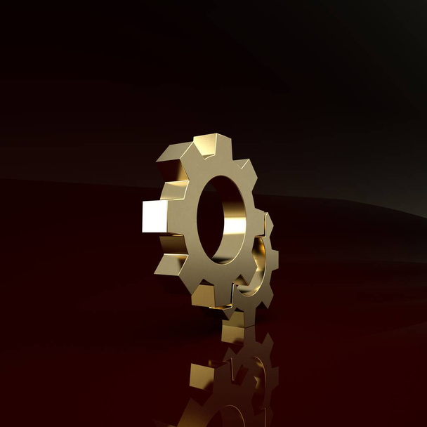 茶色の背景に孤立したゴールドギアアイコン。歯車の設定記号。コグのシンボル。最小限の概念。3Dイラスト3Dレンダリング - 写真・画像