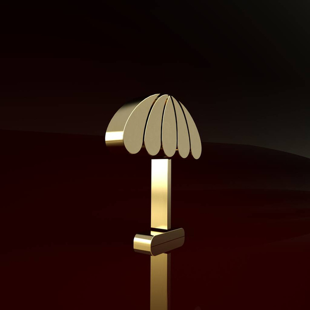 Gold Sun parasol ochronny dla ikony plaży izolowane na brązowym tle. Duży parasol do przestrzeni zewnętrznej. Parasol plażowy. Koncepcja minimalizmu. Ilustracja 3D 3D renderowania - Zdjęcie, obraz