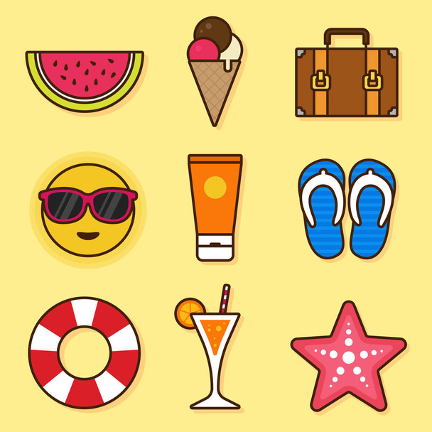 Collection of summer elements, watermelon, sunglasses, ice cream, travel bag, sun, sandals, fish star, lotion, and swim ring. - Vector, Image