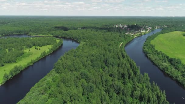 Top view of green forest with rivers and village on background horizon with blue sky. Shot. Beautiful summer landscape with green forest and blue rivers - Footage, Video