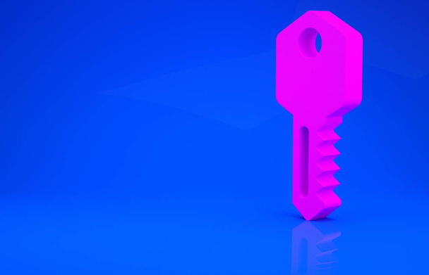 Rosa Haus Schlüsselsymbol isoliert auf blauem Hintergrund. Minimalismus-Konzept. 3D-Illustration. 3D-Renderer - Foto, Bild