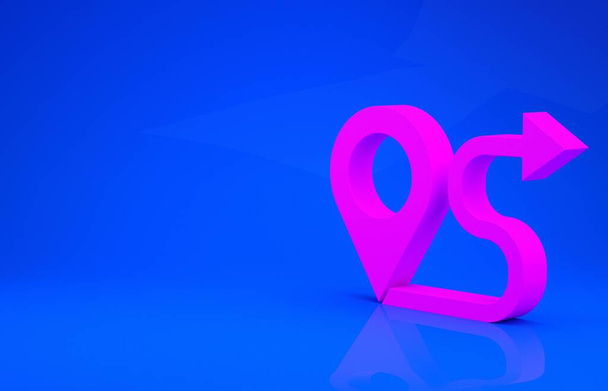 Pink Route location icon isolated on blue background. Map pointer sign. Concept of path or road. GPS navigator. Minimalism concept. 3d illustration. 3D render - Photo, Image