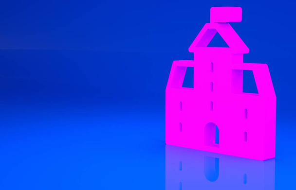 Pink Castle icon isolated on blue background. Medieval fortress with a tower. Protection from enemies. Reliability and defense of the city. Minimalism concept. 3d illustration. 3D render - Photo, Image