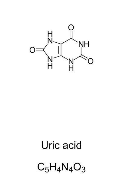 Estructura química del ácido úrico y fórmula. Producto de la descomposición metabólica de nucleótidos de purina. Componente normal de la orina. Las concentraciones altas de ácido úrico en sangre pueden llevar a la gota. Ilustración. Vector
 - Vector, imagen