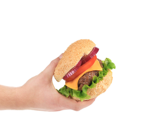 Big tasty hamburger in hand. - Foto, imagen