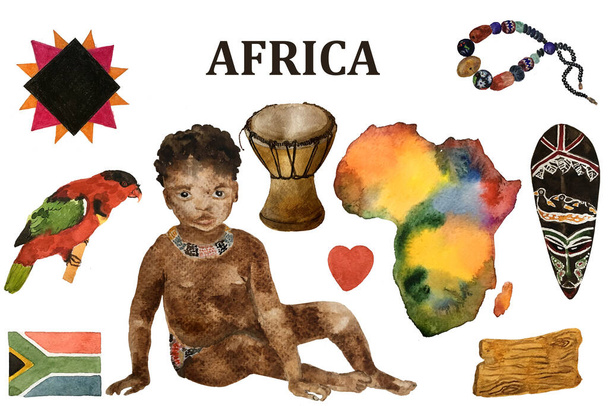 Symbole Afryki zestaw odosobnionych ilustracji akwarelowych. Afrykańskie czarne dziecko, koraliki, mapa Afryki, orientalne maski etniczne, papuga i flaga. - Zdjęcie, obraz
