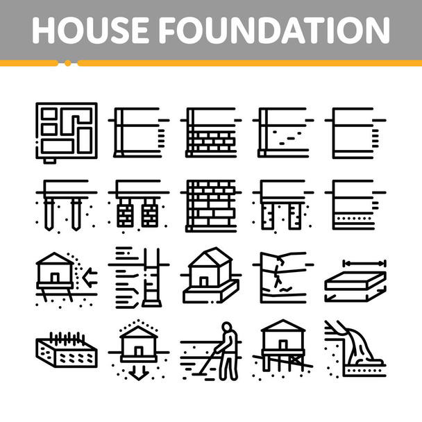 House Foundation Base Collection Εικόνες Ορισμός διάνυσμα. Ίδρυμα κατασκευής σκυροδέματος και τούβλων, σπασμένο και ετοιμόρροπο υπόγειο, σχέδιο και μέγεθος Έννοια γραμμικά εικονογράμματα. Εικονογράφηση περιβάλλοντος - Διάνυσμα, εικόνα