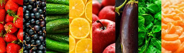 Szaftos érett zöldségek és gyümölcsök. Egészséges friss étel. Vegarianizmus és veganizmus. Étel kollázs. Zöldségkollázs. A különböző növényi élelmiszerek. - Fotó, kép