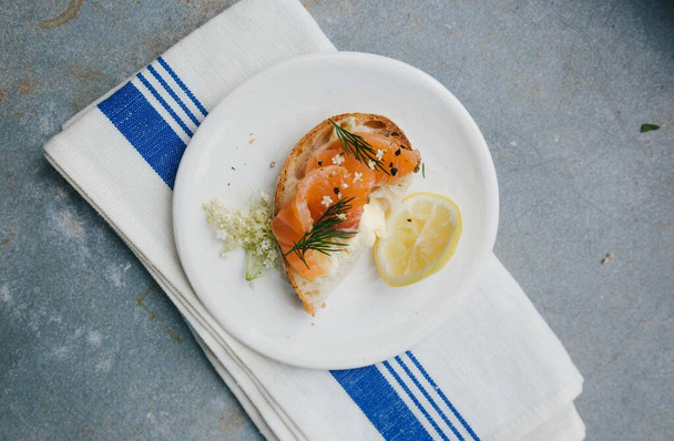An overhead shot of a sandwich with salmon and lemon on a white and blue fabric - Photo, image