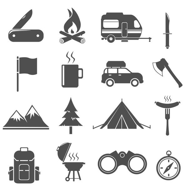 Camping Icon Set Vector Illustration Symbol - Koncepcja wakacyjna. - Wektor, obraz