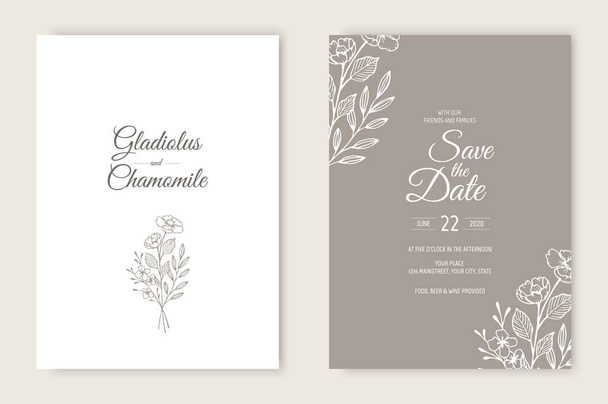 結婚式招待状カードテンプレートデザイン。テンプレート,花のフレーム,枝,植物. - ベクター画像