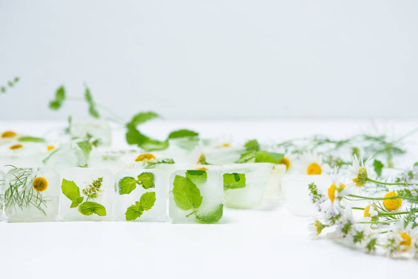 cosmetic ice cubes with chamomile and mint for home care applies to the face. The concept of skin care. cosmetics with herbs on a light background - Zdjęcie, obraz
