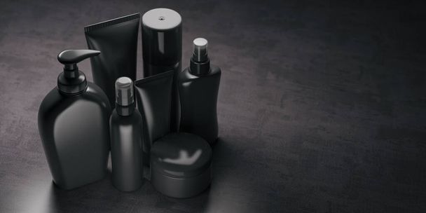 Set von schwarzen Luxus-Kosmetikprodukten. Spray, Öl, Schlauchcreme, Flaschenspender, Lotion, Shampoo, Gel-Dusche und Flüssigseife auf schwarzem Hintergrund. 3D-Illustration. - Foto, Bild