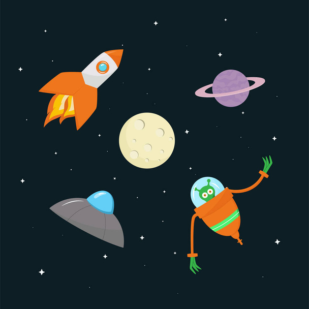 Vektorové ploché prostorové pozadí. Roztomilá barevná šablona s vesmírnou lodí, raketou, měsícem, planetami, mimozemšťany, hvězdami ve vesmíru - Vektor, obrázek