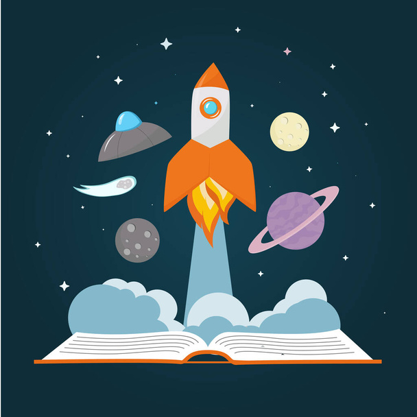Background with rocket launch from book. Cute color template with Spaceship, Rocket, Moon, Planets, Stars in Outer space. Vector illustration. - ベクター画像