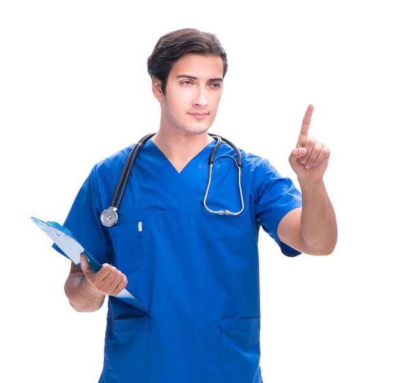 Joven médico masculino presionando botones aislados en blanco - Foto, imagen