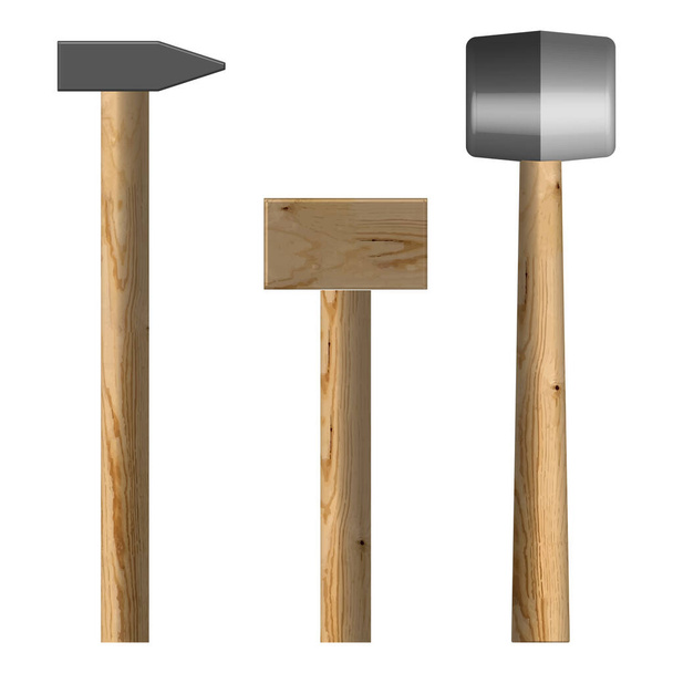 Conjunto de diferentes martillos aislados sobre fondo blanco. Elementos de diseño de la herramienta de trabajo. Vista superior, ilustración vectorial. - Vector, Imagen