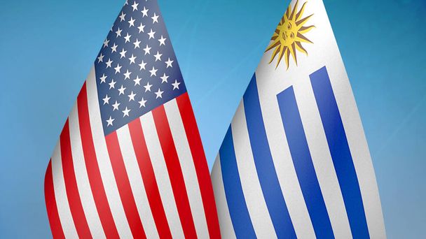 Stany Zjednoczone i Urugwaj dwie flagi razem niebieskie tło - Zdjęcie, obraz