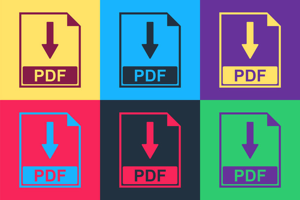 Pop art PDF dokument ikona izolované na barevném pozadí. Stáhnout znak tlačítka PDF. Vektor - Vektor, obrázek