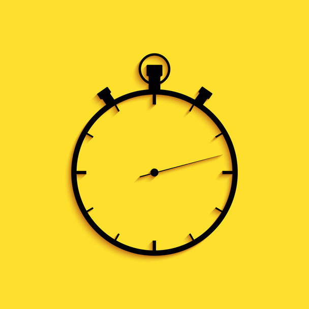 Black Stopwatch icon isolated on yellow background. Time timer sign. Long shadow style. Vector - Vector, Image