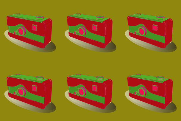 Axonometria. Raszter. Döntetlen piros, zöld és semleges színekben. Zsebdigitális fényképezőgép.3D. - Fotó, kép