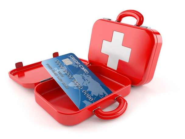 Credit card with first aid kit isolated on white background. 3d illustration - Photo, Image