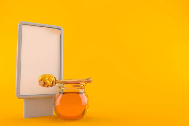 Frasco de mel com cartaz em branco isolado sobre fundo laranja. ilustração 3d
 - Foto, Imagem