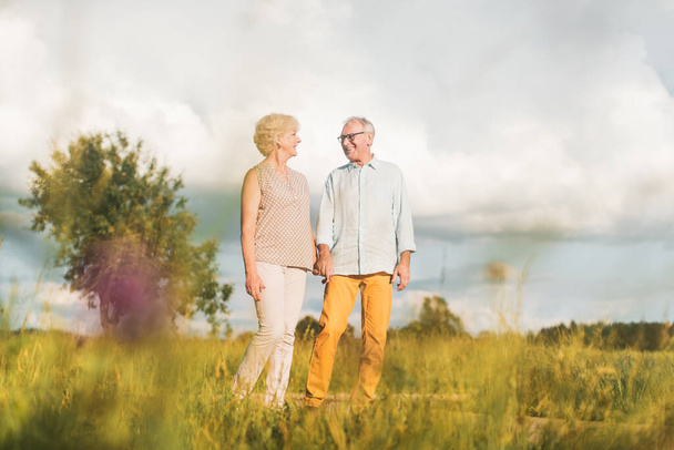 Senior Mann und Frau spazieren in sommerlicher Landschaft - Foto, Bild