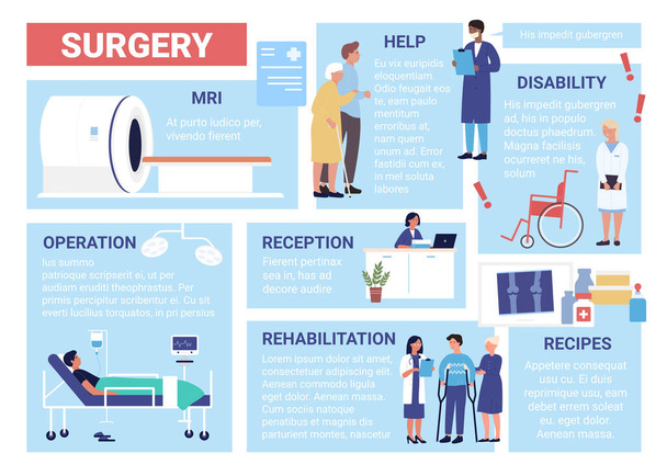 Инфографические векторные иллюстрации в области хирургии, мультипликационная плоская медицинская помощь хирургическим отделениям приемной, врачебное обследование и лечение - Вектор,изображение