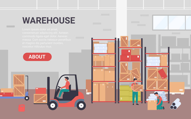 People work in warehouse vector illustration, cartoon flat banner for warehousing company with workers characters packing goods pipes into packages - Vector, Image