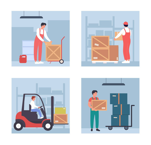 Conjunto de ilustración de vectores de trabajo de cargador de almacén con trabajadores que trabajan en almacén de almacenamiento al por mayor, proceso de almacenamiento aislado en blanco
 - Vector, imagen