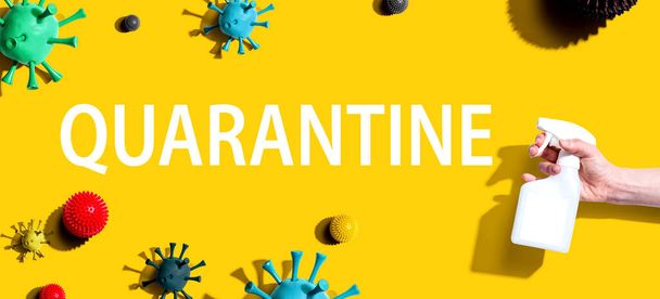 Quarantine theme with spray and viruses - Foto, Imagen