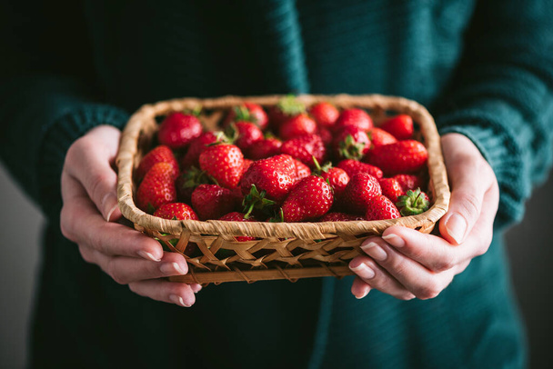Farmer woman holding organic strawberries in basket. Home grown organic strawberries, summer berry harvest - Foto, afbeelding